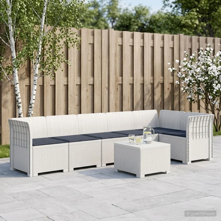 vidaXL 6-Sitzer Garten Sofa mit Kissen Rattan Look PP Weiß 3444117 – Bild 1