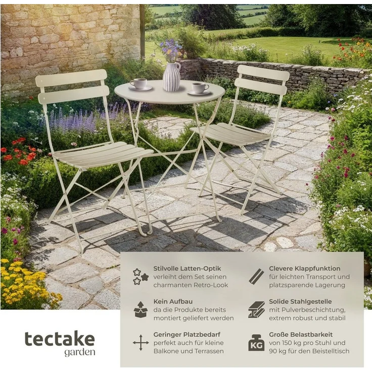 tectake Essgruppe Bistrotisch Set für 2 Personen, Belastbarkeit Stuhl 120 kg, (Bistrotisch Frieda, 3-tlg, in creme), klappbar, widerstandsfähig, UV-beständig – Bild 2