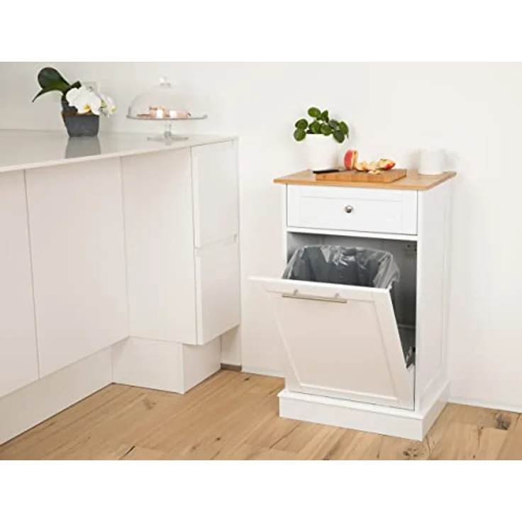 WONDERMAKE Wäschebox Mülleimer-Schrank, hoch aus weißem MDF und Bambus mit Schublade, 51 x 37 x 82 cm, klappbar – Bild 7