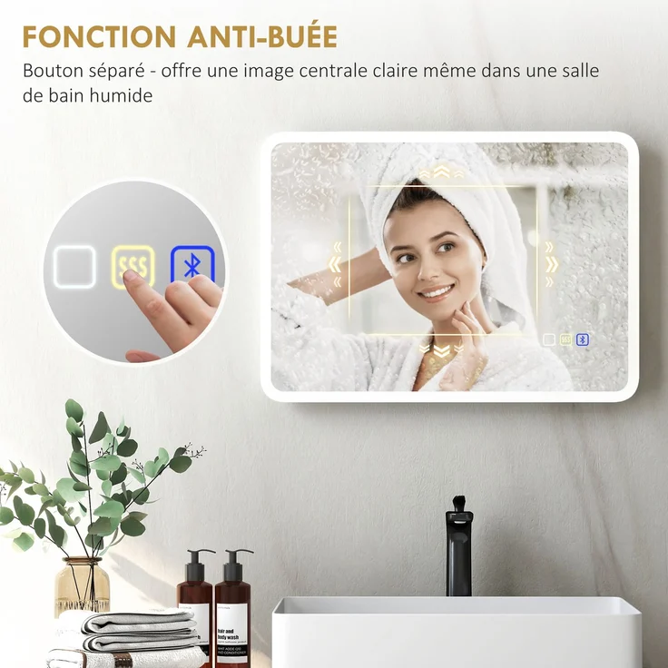 LED-Badezimmerspiegel mit Bluetooth, 50 x 70 cm, Touch-Schalter, dimmbares Licht, 3 Farben, beschlagfrei, Speicherknopf, silber – Bild 9