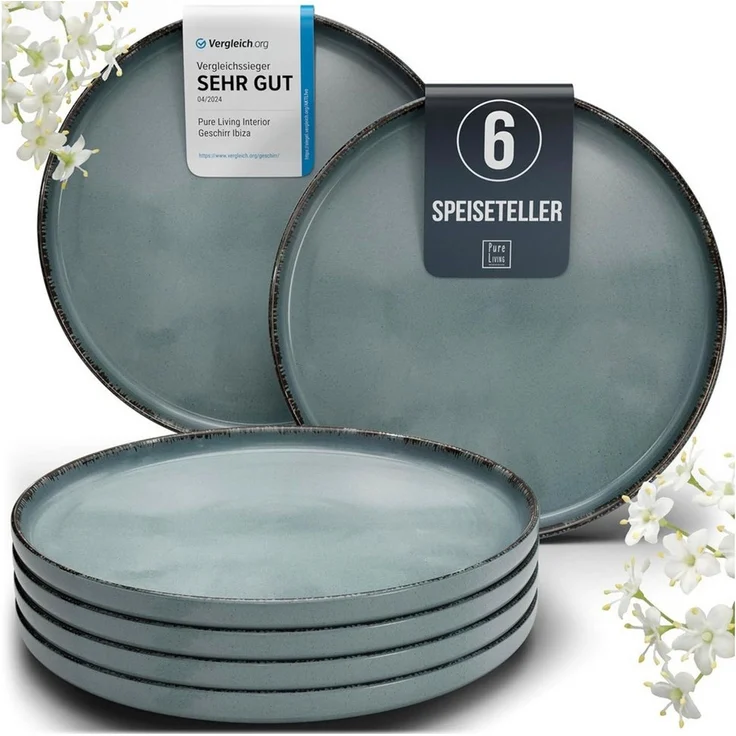 PURE LIVING INTERIOR DESIGN Geschirr-Set Rustic Speisseteller, Dinnerteller, 6er-Set, 26 cm, Rauchblau (6-tlg), 6 Personen, Steingut – Bild 1