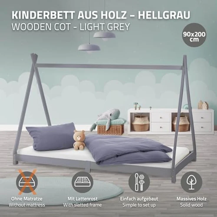 ML-DESIGN Spielbett Hausbett Tipi Zeltbett inkl. Lattenrost Bodenbett Kinder Himmelbett, Abenteuerbett zum Spielen Zelt Kinderbett Kiefer Bettenhaus Bett Grau – Bild 4