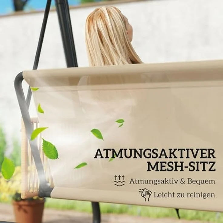 Outsunny Hollywoodschaukel mit verstellbar Sonnendach, abnehmbar Sitzauflage, 3-Sitzer, verstellbares Dach, Gartenschaukel, 1 tlg, Schaukelbank, 203 x 121 x 165 cm Sand – Bild 6