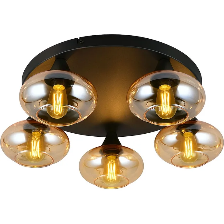LED Deckenleuchte, Glas amber, schwarz, dimmbar, D 49 cm