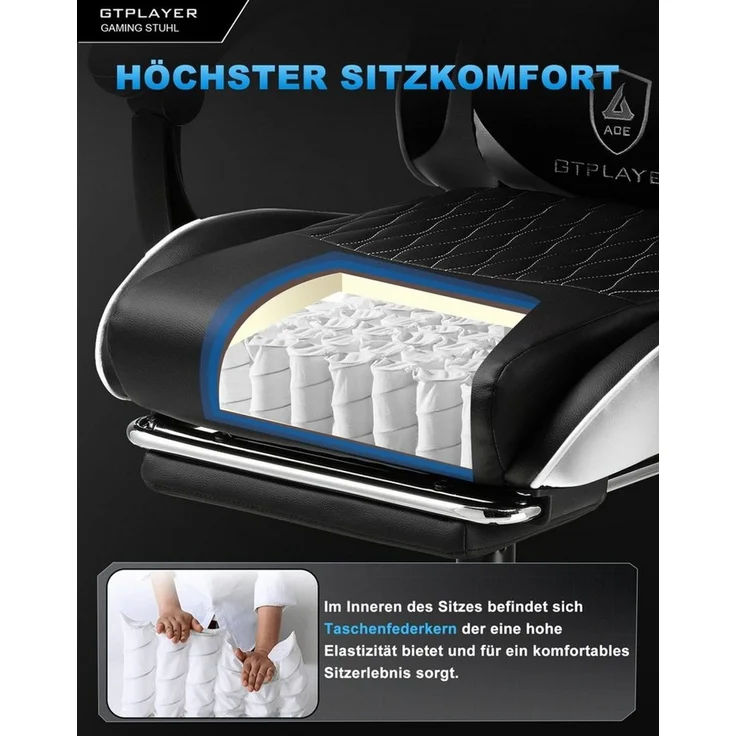GTPLAYER Gaming-Stuhl Gamer Stuhl, Ergonomischer Bürostuhl mit Fußstütze, Kopfstütze und Lendenstütze – Bild 2