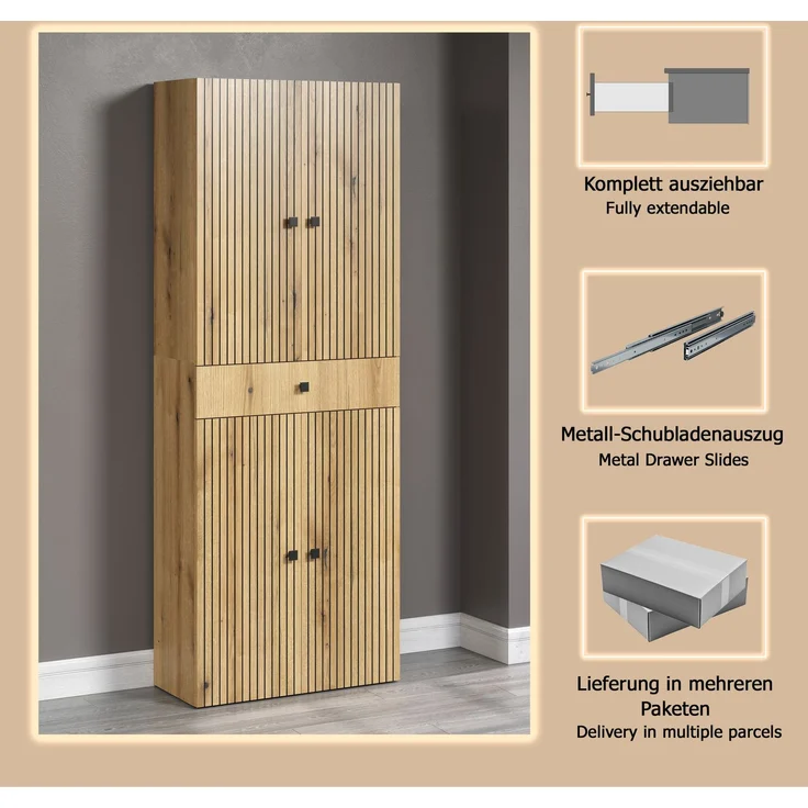 trendteam smart living - PureBliss - Waschbeckenunterschrank - Eiche - Waschtisch mit 3 offenen Fächern - (BxHxT) 90 x 79 x 53 cm - Badezimmerschrank mit Rillenoptik - edle Metallgriffe – Bild 7