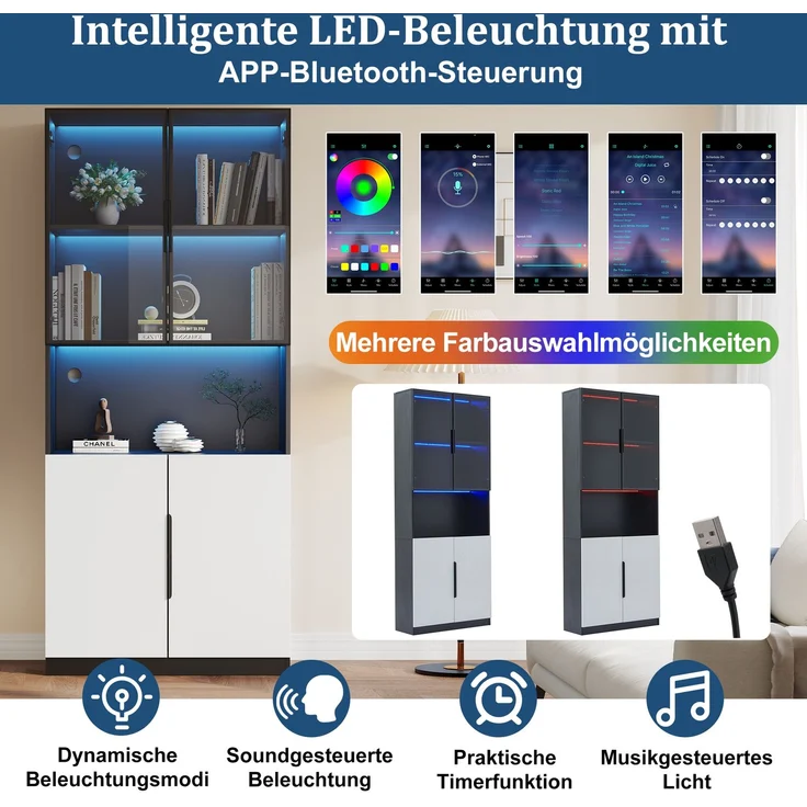 Moderne minimalistische Vitrine mit Glastüren, Vitrine mit LED-Leuchten, Bücherregal für Sammlerstücke, einstellbare Farbtemperatur und Helligkeit, weiße Türen mit schwarzer Dekoration, 30*160*200cm--Weiß--30x160x200cm--YOUDENOVA – Bild 6