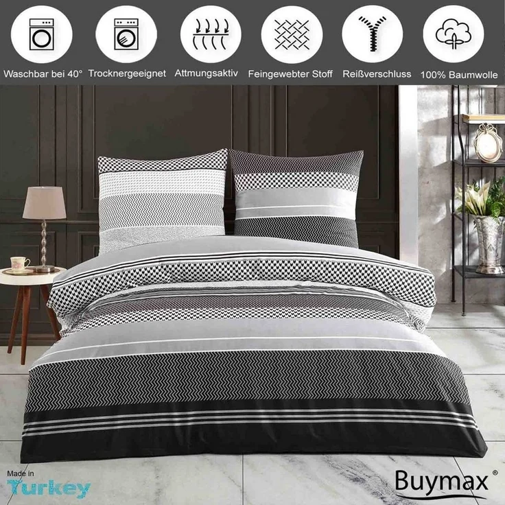Buymax Bettwäsche Zigo, Renforcé, 4 teilig, Bettbezug-Set 155x220 cm 100% Baumwolle mit Reißverschluss, Streifen