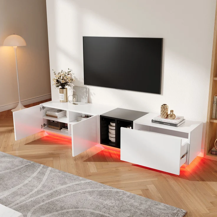 Moderner TV-Schrank weiß/schwarz, 190x40x35 cm, mit Schubladen & Regalen – Bild 4