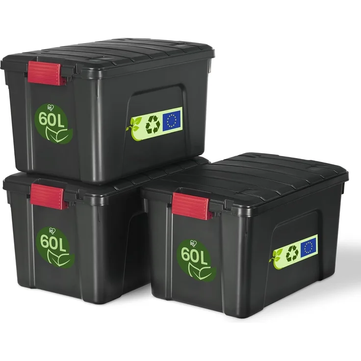 Iris Ohyama, große Kunststoff-Aufbewahrungsbox, 60 l Garagen-Aufbewahrungsbox, 3er-Set, SIA-60, schwarz, stapelbar, Verschlussklammern ? B59 x T39,5 x H35,5 cm – Bild 1