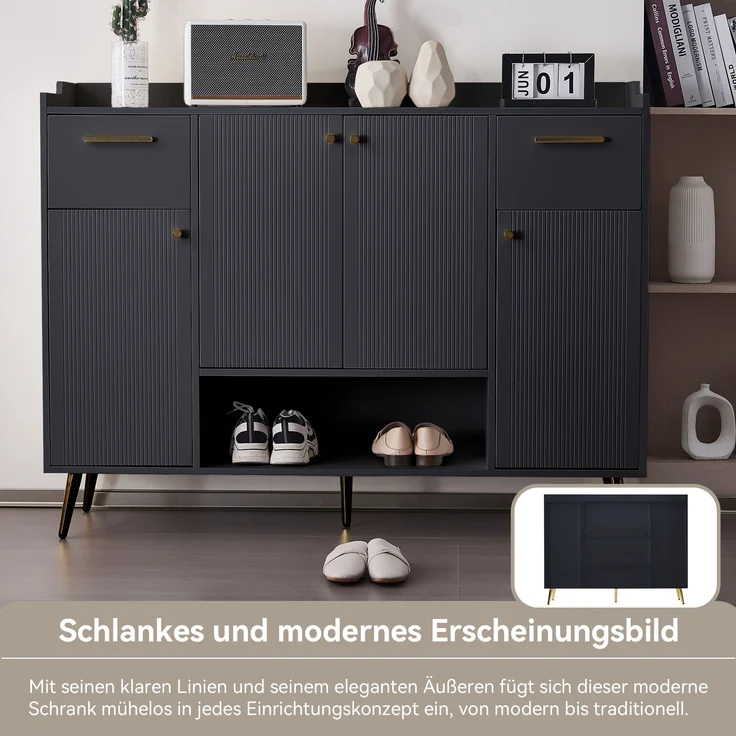 Schuhschrank Schwarz Modern Mit 4 Türen Und 2 Schubladen 130cm Breit Aufbewahrungsschrank Mit Offenem Fach Hohe Beine Schuhregal Für Flur Eingangsbereich Schlafzimmer Maximierter Stauraum Für Schuhe Accessoires Kippsicherung Inklusive Hochwertige Spanp... – Bild 6
