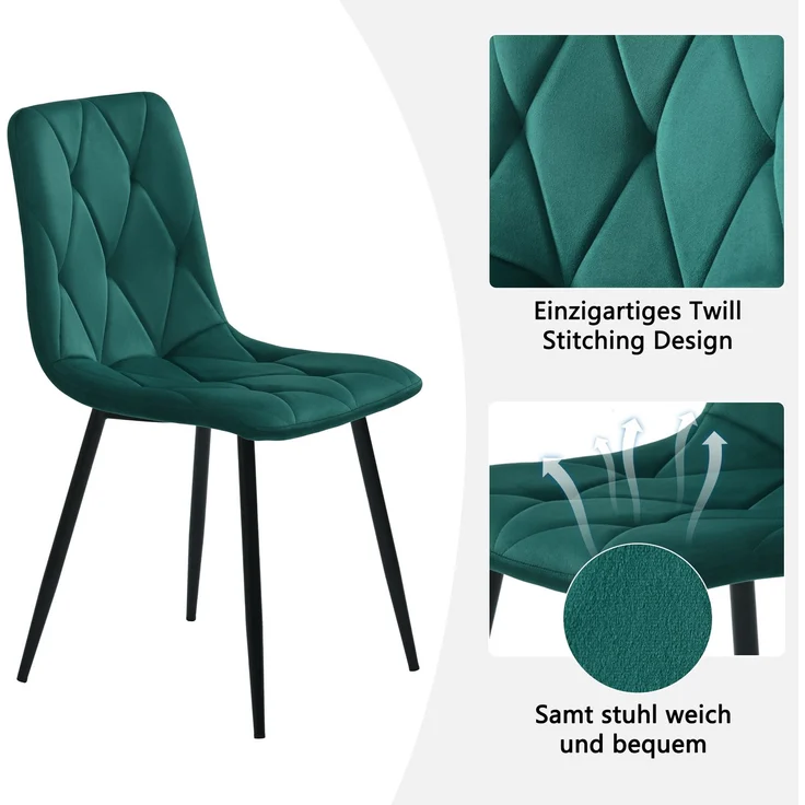 Esszimmer-Set 5-teilig runder Marmor Tisch 100cm×100cm & 4 Grün Samtstühle Metallgestell – Bild 3