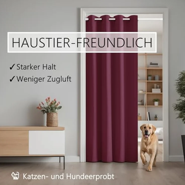 tinycurtains Türvorhang mit Stange weiß 70-120 cm Thermo Vorhang ohne Bohren, blickdicht, Ösen, verdunkelnd, Polyester, bordeaux rot Berry, Türgardine mit Klemmstange Raumtrenner Vorhang Tür – Bild 10