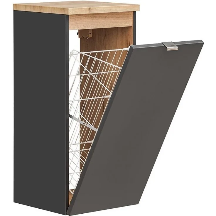 Badezimmer Unterschrank mit Wäschekorb TOSKANA-BLACK-56 in seidenmatt anthrazit B/H/T ca. 35/80/35cm
