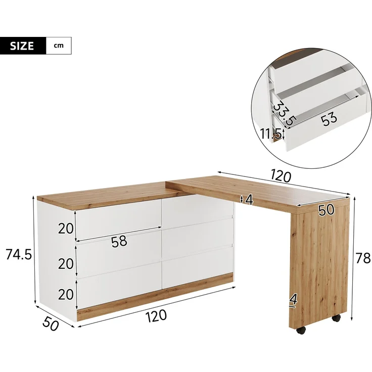 ZUBALIYA Schreibtisch mit feststellbaren Rollen – multifunktionales Design, 4 cm dickere, drehbare Tischplatte, fest arretierbar, weiß/Eiche, Faltbarer Schreibtisch, Eckschreibtisch, Sideboard,Dicke Materialie – Modell N880P4642189O – Bild 6