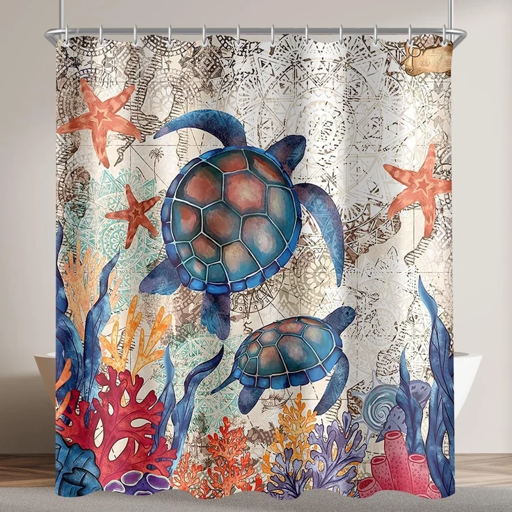 Duschvorhang 240x200cm Schildkröte Seesterne Antischimmel Textil wasserabweisend – Bild 1