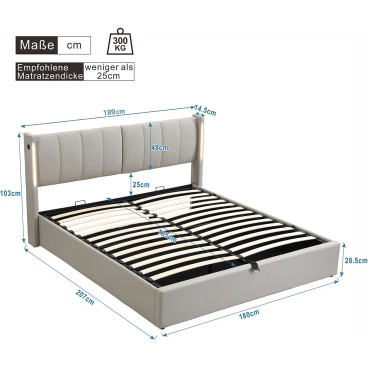 Novelux LED Polsterbett 180x200 cm mit Stauraum & USB, hydraulisches Bett mit verstellbarem Kopfteil – PU-Kunstleder Grau, Lattenrost, ohne Matratze – Bild 2