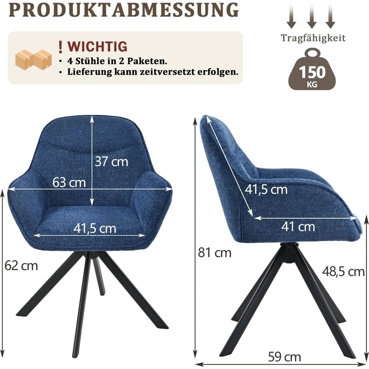 GOEURVANT 1370 Esszimmerstühle 4er-Set mit Armlehnen, 360° Drehbar, Chenille - Blau – Bild 3