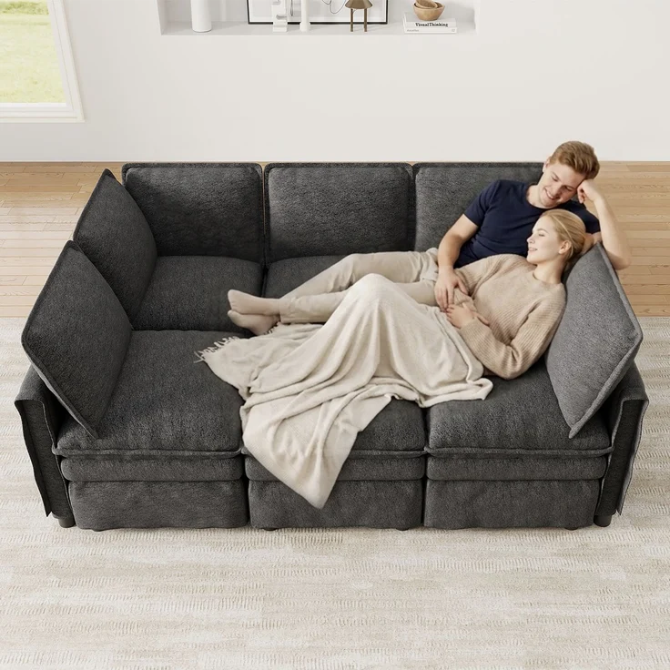 ZUBALIYA Wohnlandschaft 127x91 cm, mit Chenille - Bezug, mit Samtbezug, mit breiten Armlehnen, modular aufgebaut, Beige – Bild 2