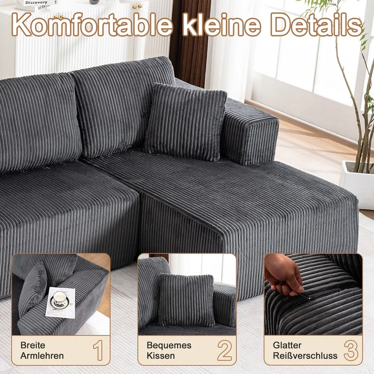 Schlafsofa U-Form 332x156x88 cm Grau aus Corduroy mit Federkern- und Schwammkernkomfort, ohne Montage – Bild 6