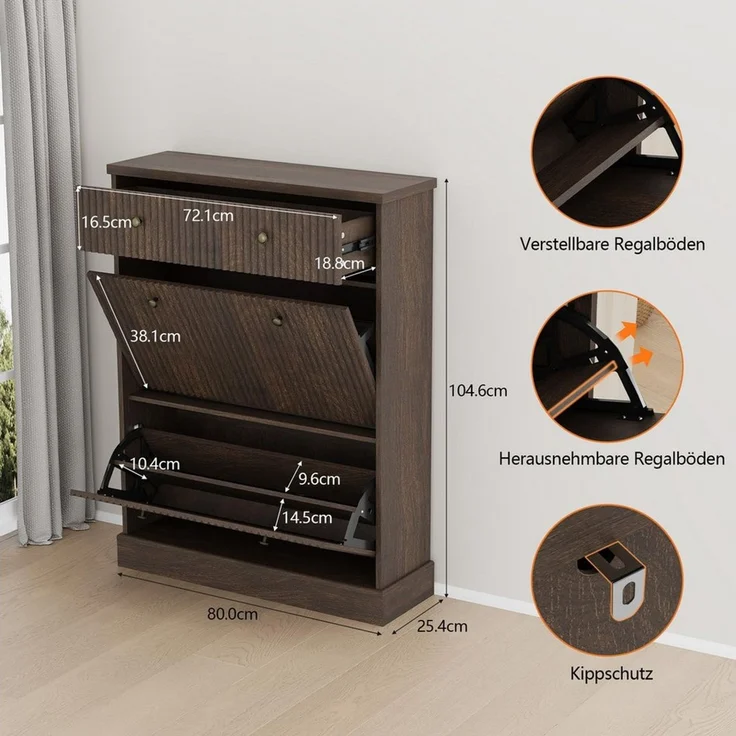 GarveeMore Schuhschrank Moderner Rillenprofil mit 2 Klappschubladen und oberer Schublade (1-St) (B80/T25/H107 cm) Schuhregal für 12–16 Paar Schuhe, für Flur und Diele – Bild 2