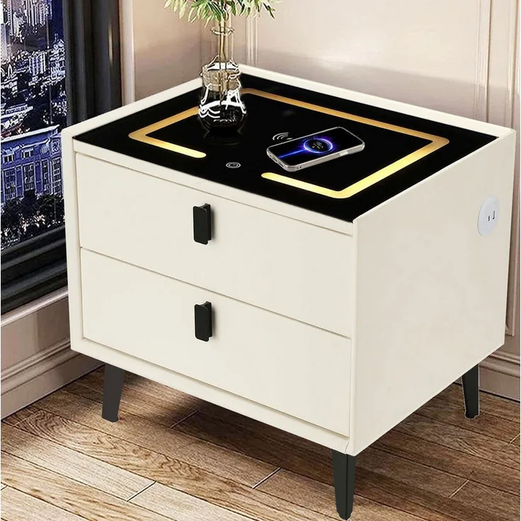 oyajia Nachttisch Nachttisch mit LED-Beleuchtung, mit 15W Kabelloses Laden,Beistelltisch (Schlafzimmer Nachttisch), Fingerabdrucksperre, Modern Hochglanz Nachtschrank mit 3 Schubladen