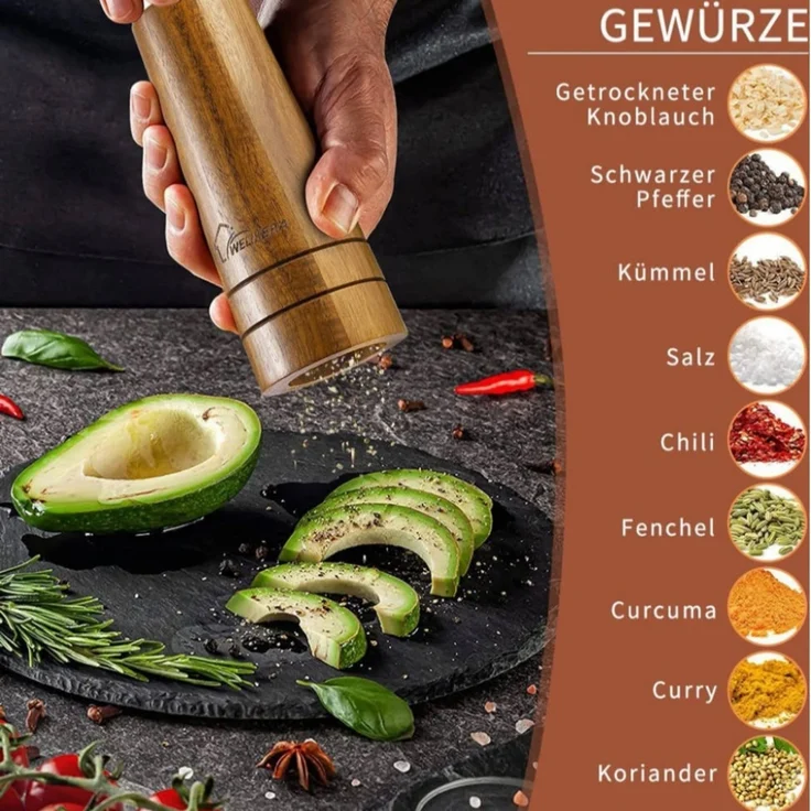 DELIPOP – Salz und Pfeffermühle Holz, 22cm Manuelle Gewürzmühle 2er Set mit verstellbarem Keramikmahlwerk und untersetzer - 5,5x5,5x22cm - Braun – Bild 3