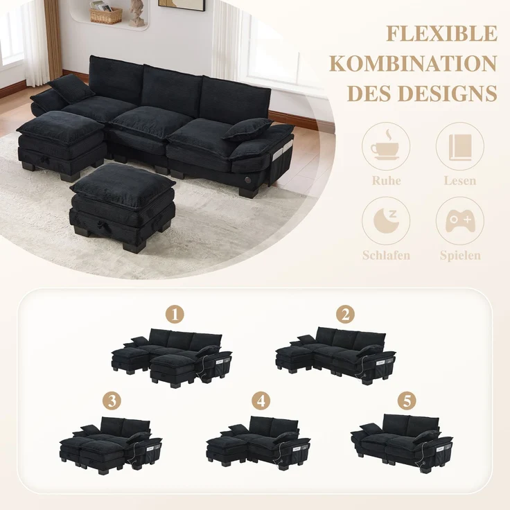 EINHOM Modulares 3-Sitzer Cordsofa (mit 2Hocker) – breite Sitzfläche, ergonomisches Design, hochdichte Schaumstoffpolsterung, USB-C-Anschluss und Seitentaschen. Ideal für Wohnzimmer, Büro oder Lounge. Schwarz – Bild 6