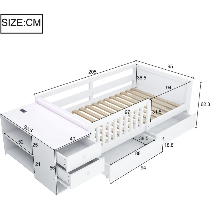 EINHOM Kinderbett 90 x 200 cm mit Separatem Stauraum, Schreibtischfunktion, Steckdose, LED-Beleuchtung, Doppelschubladen, Regalen und Halboffenem Sicherheitsgitter, Weiß (Ohne Matratze) – Bild 2
