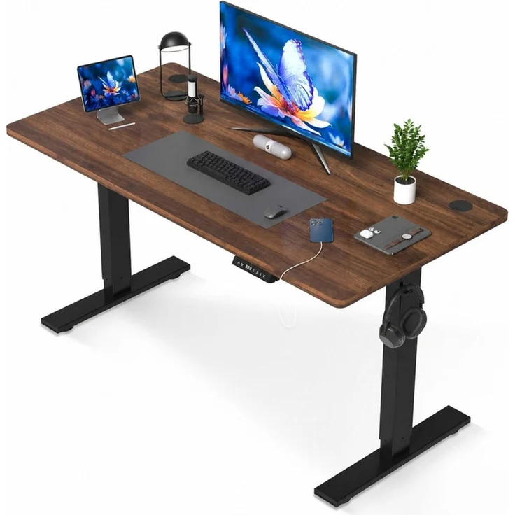 HOMAVO höhenverstellbarer Schreibtisch 80×180 cm, mit Memory- und Anti-Kollisionsfunktion, USB-A- und USB-C-Anschlüssen, Höhe 70–120 cm, Nussbaum – Bild 1
