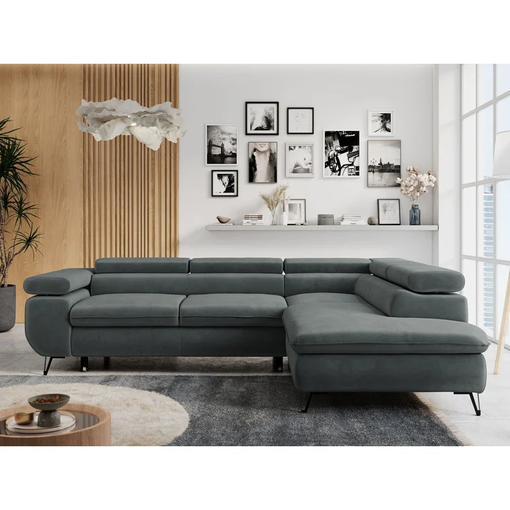 Mks Möbel 'Peter L-form' Ecksofa mit Bettfunktion, Bettkasten & einstellbaren Kopfstützen, Dunkelgrau, Mikrofaser, rechts – Bild 4