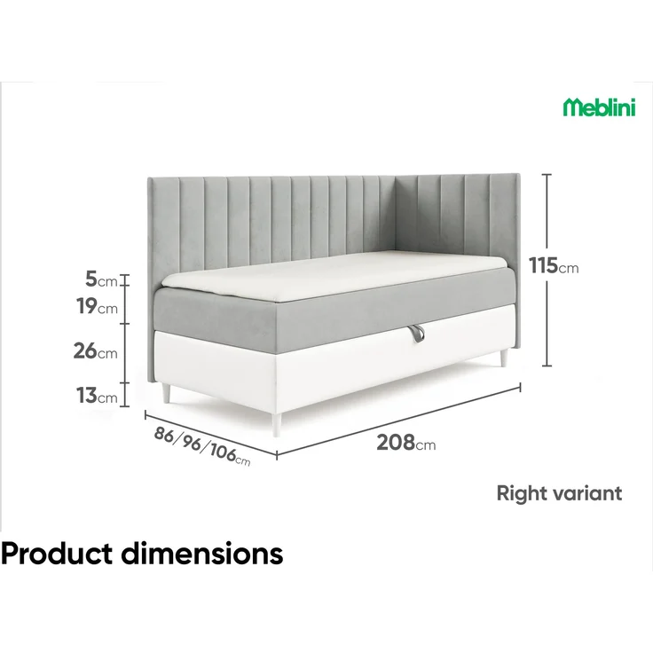 MEBLINI Kinderbett mit Bettkasten MAYA 3 80x200 Rechts – H3/Grau Samt Gepolstert Einzelbett mit Matratze - Polsterbett mit Stauraum - Bett mit Kopfteil – Stauraumbett – Bild 6