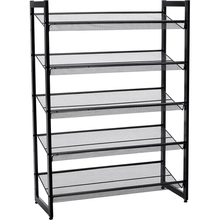Erweiterbares Schuhregal aus Metallgewebe mit 5 Ebenen für 15-20 Paar Schuhe, Schuhständer für Flur, 74 x 104 x 30.7cm (B x H x T), Schwarz LMR005B