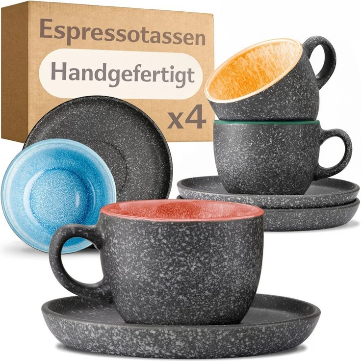 Cosumy Cappuccinotasse Espressotassen mit Untertassen 4er Set - 90 ml Keramik bunt, 8-tlg, Keramik, Warm – Bild 1