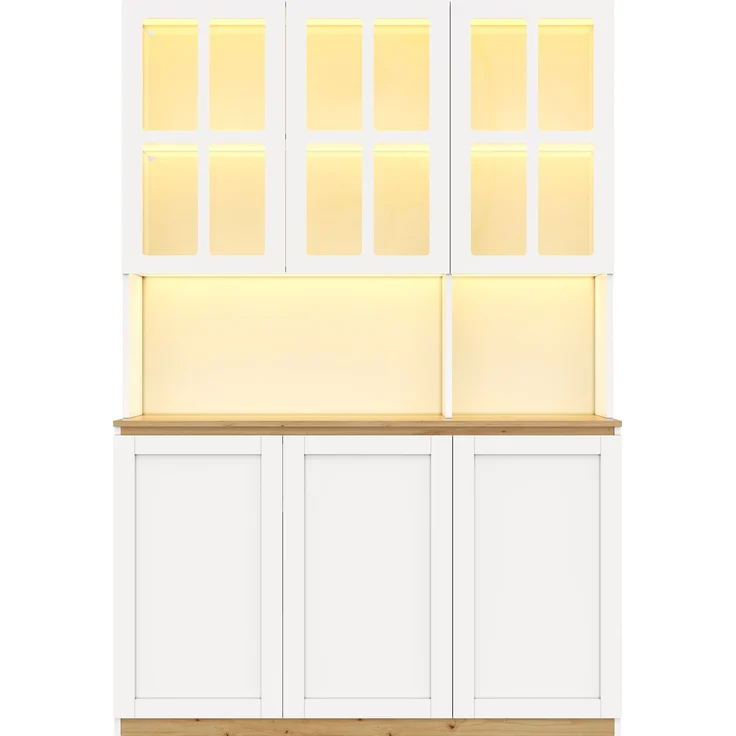 ZUBALIYA Vitrinenschrank 120x200cm, Buffetschrank mit LED-Beleuchtung, Küchenschrank mit Glasrahmentüren, Weiß mit Holzoptik, großer Wohnzimmerschrank als Barschrank, Geschirrschrank und Aufbewahrungsschrank – Bild 9