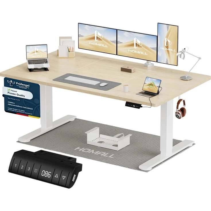 Homall Höhenverstellbarer Schreibtisch 140x70 cm mit USB-A Ladeanschluss, Elektrischer Schreibtisch mit Kabel Management Tray, Standing Desk mit 3 Memory Funktion, Computertisch Beige