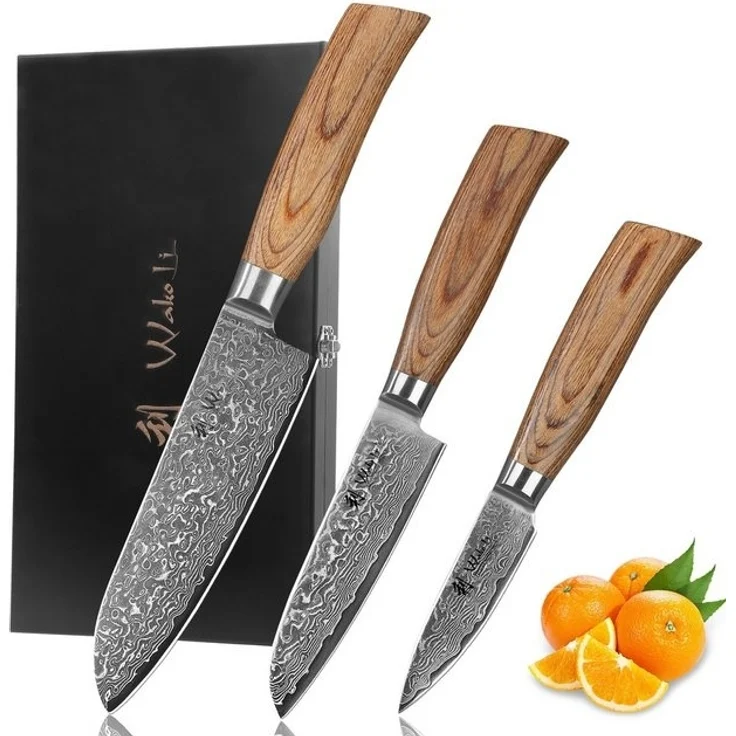 Wakoli Messer-Set Edib Pro 3 Damastmesser I Kochmesser Küchenmesser I 8-16cm Klinge (Damastmesser mit Geschenkbox, 3-tlg, 3er Damastmesser-Set mit Holzbox), 67 Lagen Damaststahl, VG-10 Stahlkern – Bild 4