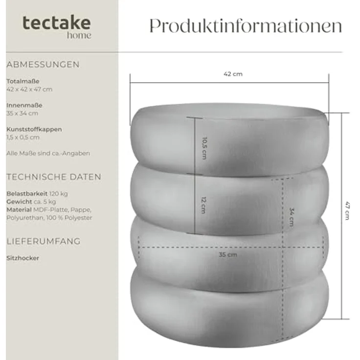 tectake® Hocker mit Stauraum, Scandi Sitzhocker Samt Stoff, Pouf, Polsterhocker rund für Schminktisch, Schlafzimmer, Wohnzimmer Möbel, als Flur Möbel, Stauhocker Wohnen - Samtoptik grau – Bild 3