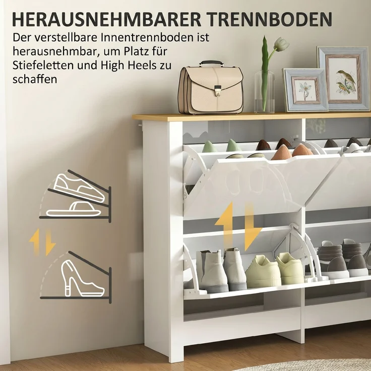Schuhschrank Schmal mit 4 Klappfächern für 8–16 Paar Schuhe, 105 x 26 x 80 cm, Weiß+Natur--Weiß--80x26x105cm--YOUDENOVA – Bild 8