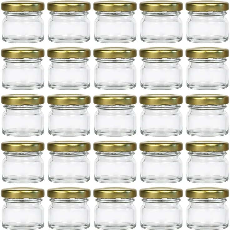 hocz 25x Mini Marmeladengläser 30 ml | mit Deckel Gold TO 43 | kleine Einmachgläser mit Schraubdeckel zum befüllen | Schraubgläser, Sturzgläser Set | leere Gläser für Marmelade | 25 Stück