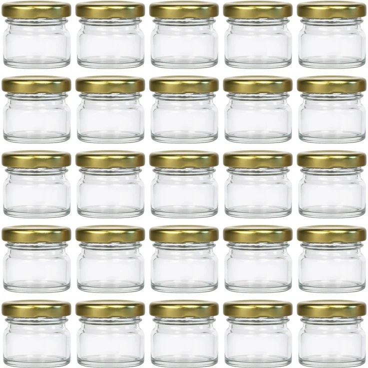 hocz 25x Mini Marmeladengläser 30 ml | mit Deckel Gold TO 43 | kleine Einmachgläser mit Schraubdeckel zum befüllen | Schraubgläser, Sturzgläser Set | leere Gläser für Marmelade | 25 Stück