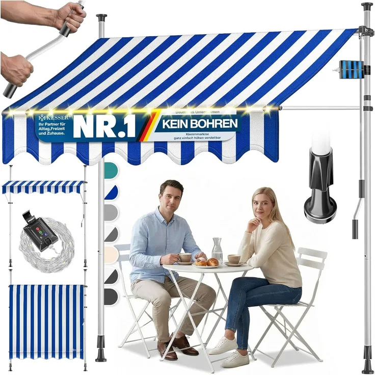 KESSER® Klemmmarkise mit Handkurbel & LED Lichterkette | Balkonmarkise ohne Bohren | Markise UV-beständig höhenverstellbar & wasserabweisend | Sonnenschutz für Balkon Terrasse & Garten 400cm, Blau / Weiß