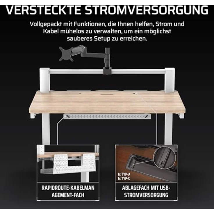 Corsair Platform:4 – 120 cm x 76 cm, Stehender Computer Home Office Gaming-Schreibtisch, Kabelmanagement, USB-Anschluss, Monitorarm Inbegriffen – Weißkiefer Beize – Bild 5