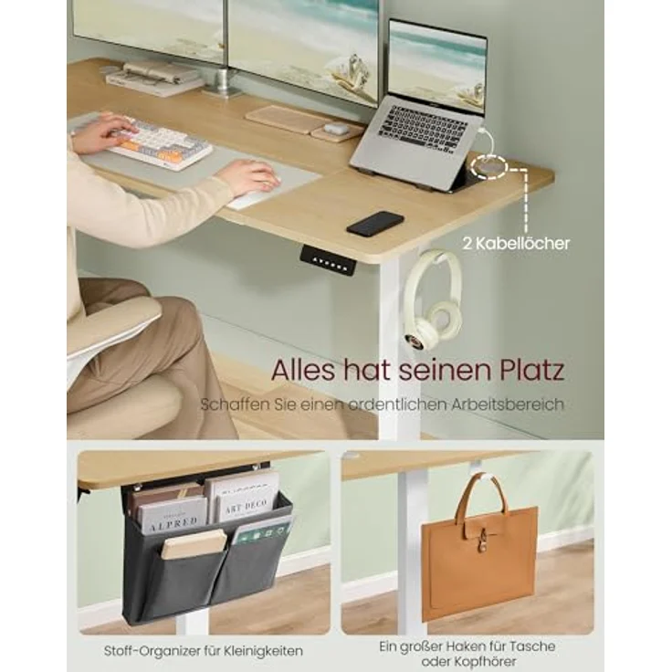 SONGMICS Höhenverstellbarer Schreibtisch elektrisch, 160x70 cm, Verstellbarer Tisch, Memory-Funktion für 4 Höhen, für Büro, goldeichenfarben LSD136Y01 – Bild 7