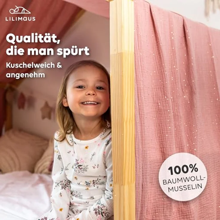 lilimaus Betthimmel Musselin Hausbett Himmel Kinderzimmer Baumwolle mit Gold 2er Set, Gemütlicher Baldachin aus Baumwolle für traumhafte Kinderzimmer-Deko – Bild 3