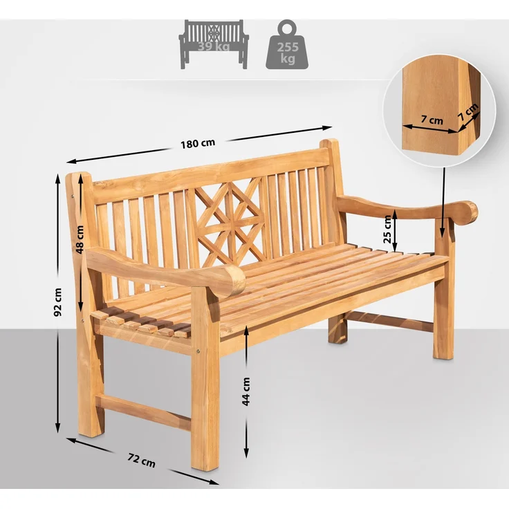 Gartenbank Teakbank VUZAR - Holz Teak 180x72x92 cm | Holzbank 180 Cm Gartenbank Sitzbank Mit Lehne Wetterfest Bank Garten Terrasse – Bild 7