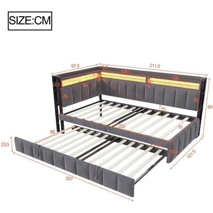 Merax Daybett 90x200cm Schlafsofa mit LED-Beleuchtung & USB-Anschluss (Sofabett Jugendbett Kinderbett, 1 tlg), Polsterbett Samtstoff Tagesbett mit Ausziehbett Stauraum Ablagefächern – Bild 4