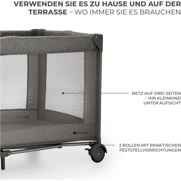 Kinderkraft Joy 2 Kinderbett, 2 in 1 Kinderreisebett, Babybetten, Kinderbett, Reisebett, Modernes Design, Kleine Abmessungen nach Zusammenklappe, Räder, Dunkelgrau – Bild 3
