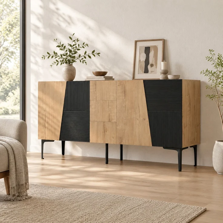 DESVIAE Sideboard Natural-Schwarz aus Spanplatte – 160x80x40 cm – 4 Türen, 3 Schubladen – Bild 2