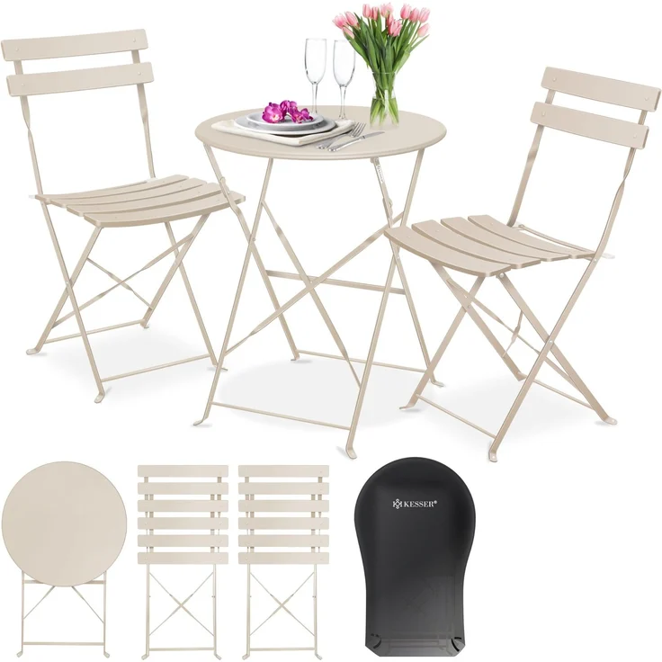 KESSER® Bistroset, 3-teilig, Bistrotisch mit 2 Stühle, inkl. Abdeckung, klappbar, Metall Cappuccino – Bild 1